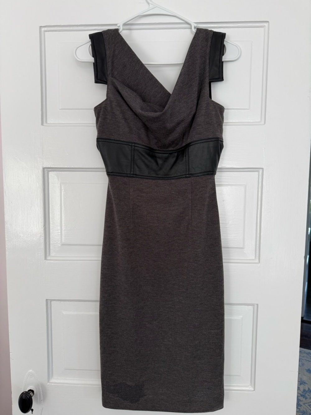 Sleeveless Draped-Neck Sheath Dress in Charcoal knit with Black leather accents